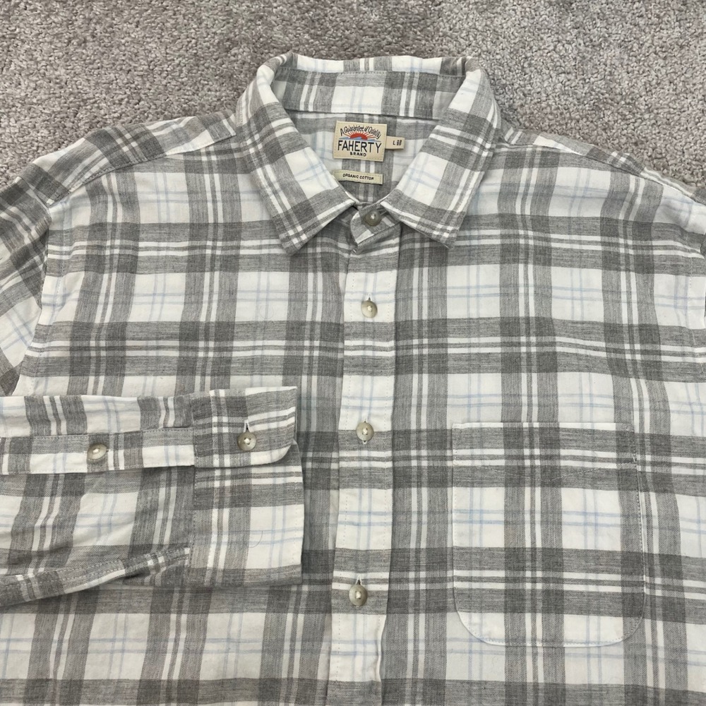 Faherty Shirt Mens Large Grey White Plaid Organic Cotton Button Down Flannel